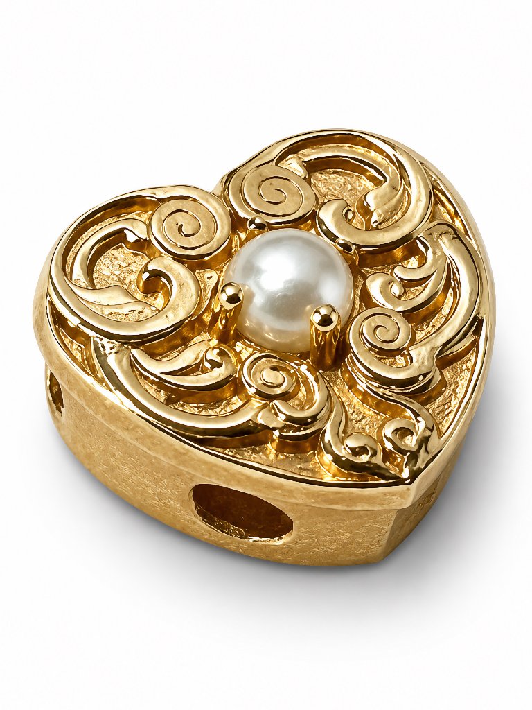 Daffer 14k Gold Pearl Heart Slide Bracelet Charm Hidden Bail 3.37g Vintage